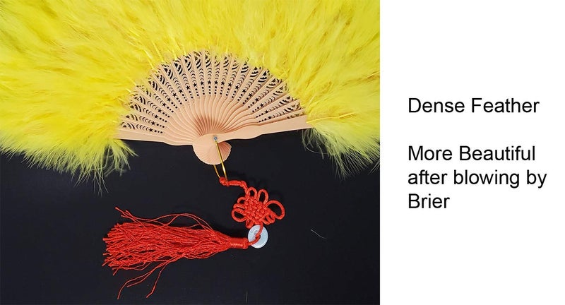 HAPPY FEATHER مروحة يدوية من ريش المارابو السعيد، طراز فلابر من عشرينيات القرن الماضي لمناسبات الأزياء والرقص - أصفر - Image 2